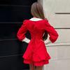 Elegant Cross-Color Button Dress with Lace-Up Waist and Ruffled Skirt - Autumn Collection