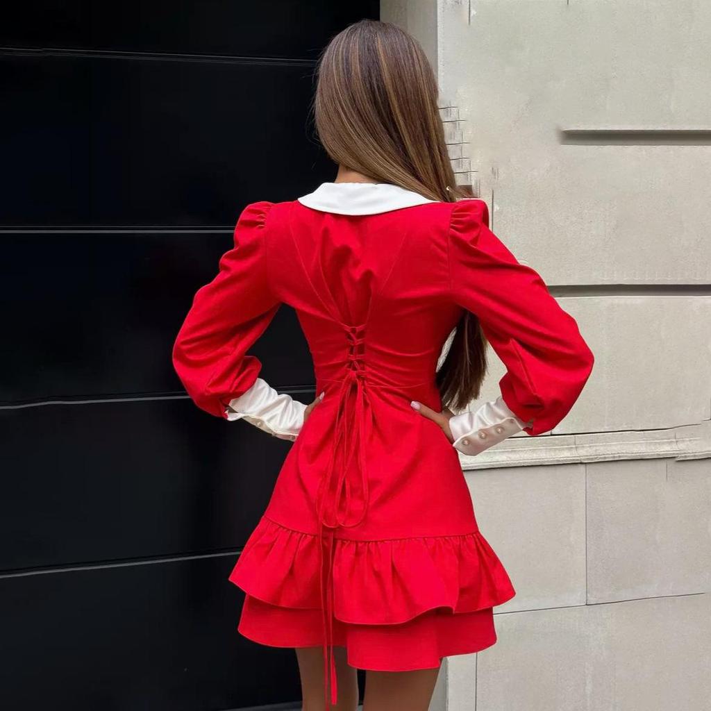 Elegant Cross-Color Button Dress with Lace-Up Waist and Ruffled Skirt - Autumn Collection
