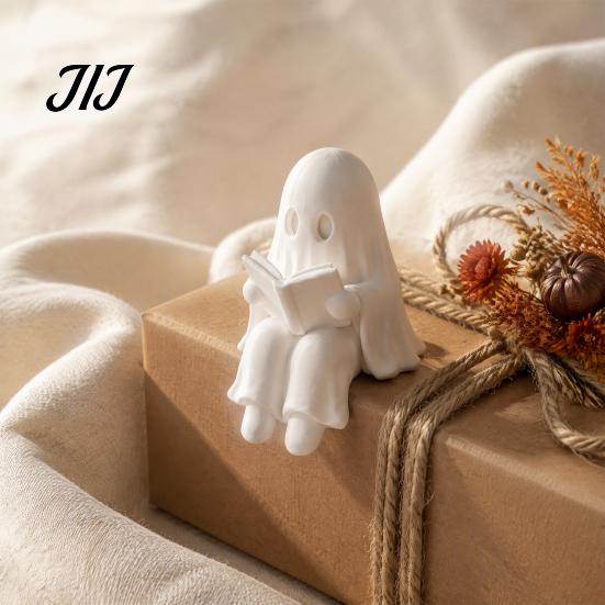 Cute Halloween Desk Decor Ghost Reading Book Decoration, 3D Printed Shelf Sitter Statue, Fun Photography Prop Spooky Sitting Figurine for Bookshelf,