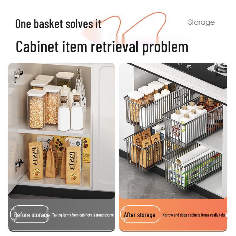 Pull-Out Mesh Storage Basket with Rails for Kitchen Cabinets