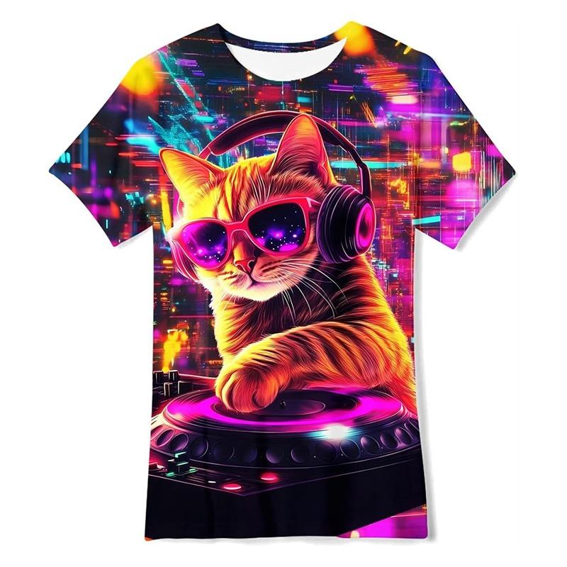Neon Hip Hop Kat T-shirt Voor Mannen Carnavalsfeest Ronde Hals Korte Mouw T-shirts Hip Hop Straat 2025 Zomer Trend Sterren Ruimte Tee