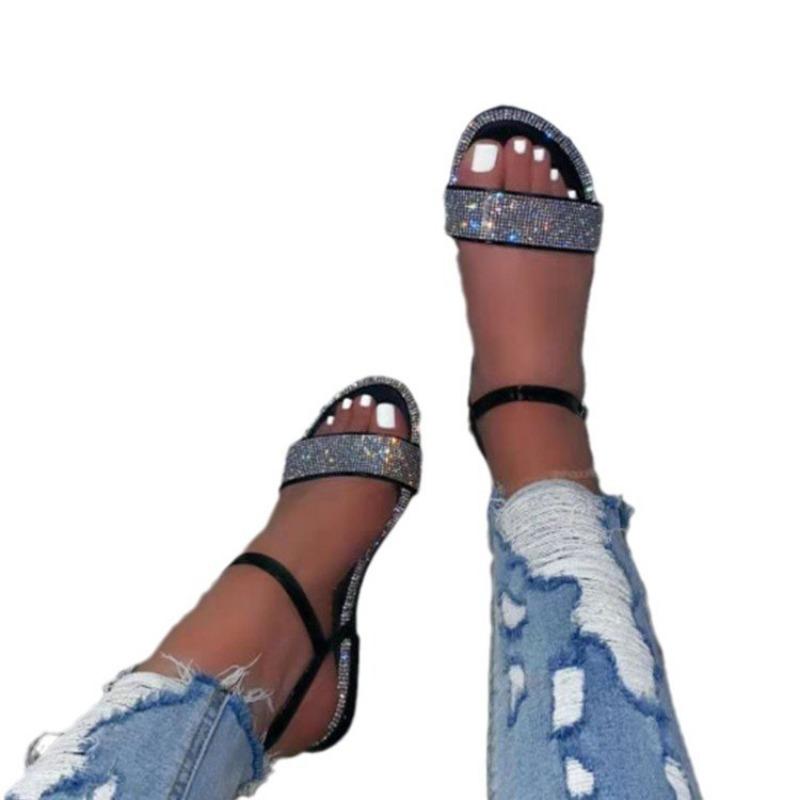 Large size sandals women's summer new European and American large size flat-bottomed open-toe one-word buckle rhinestone women