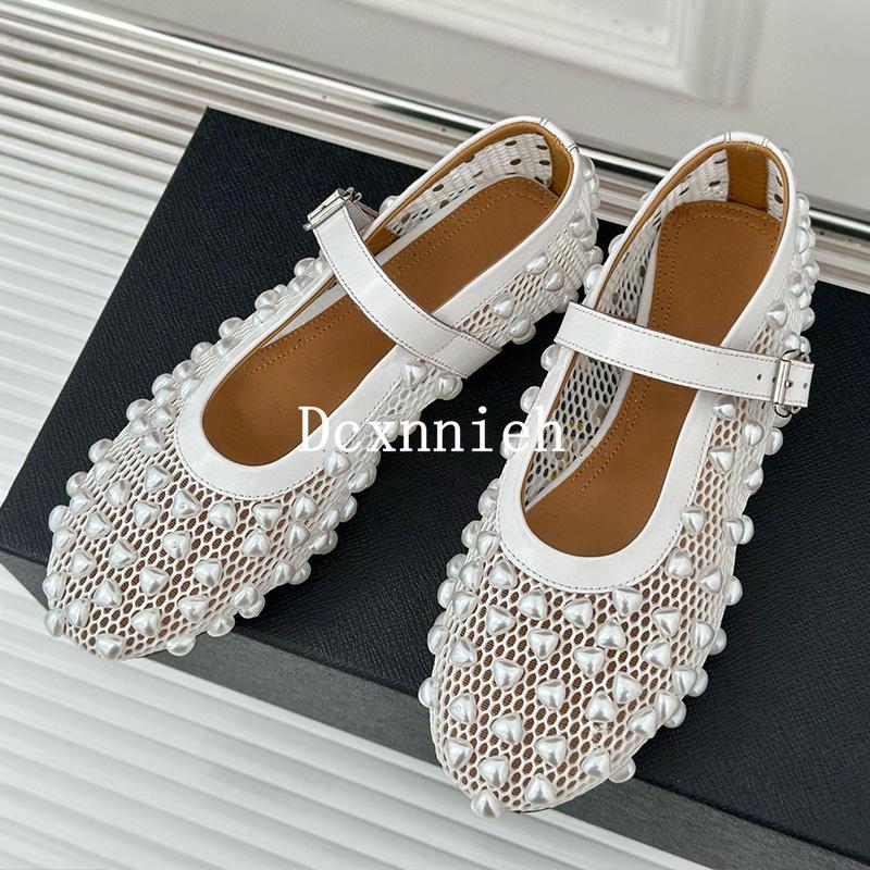 

Новые модные однотонные туфли Мэри Джейн с сетчатым жемчужным поясом и пряжкой, женские однотонные удобные балетные туфли на плоской подошве 35 белый