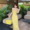 French pure desire style yellow floral suspender dress women's summer new waist and thin temperament long skirt