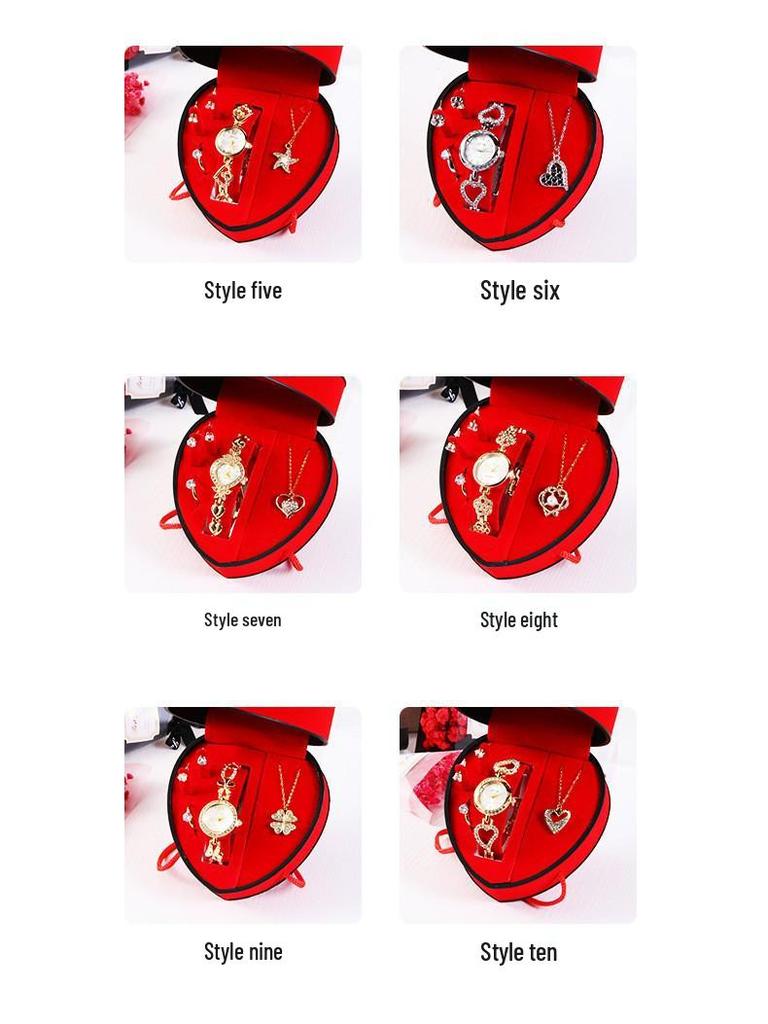 Heart-Shaped Diamond Watch & Necklace Set - Stainless Steel Gift Box for Teacher's Day or Holiday Gift for Girlfriend