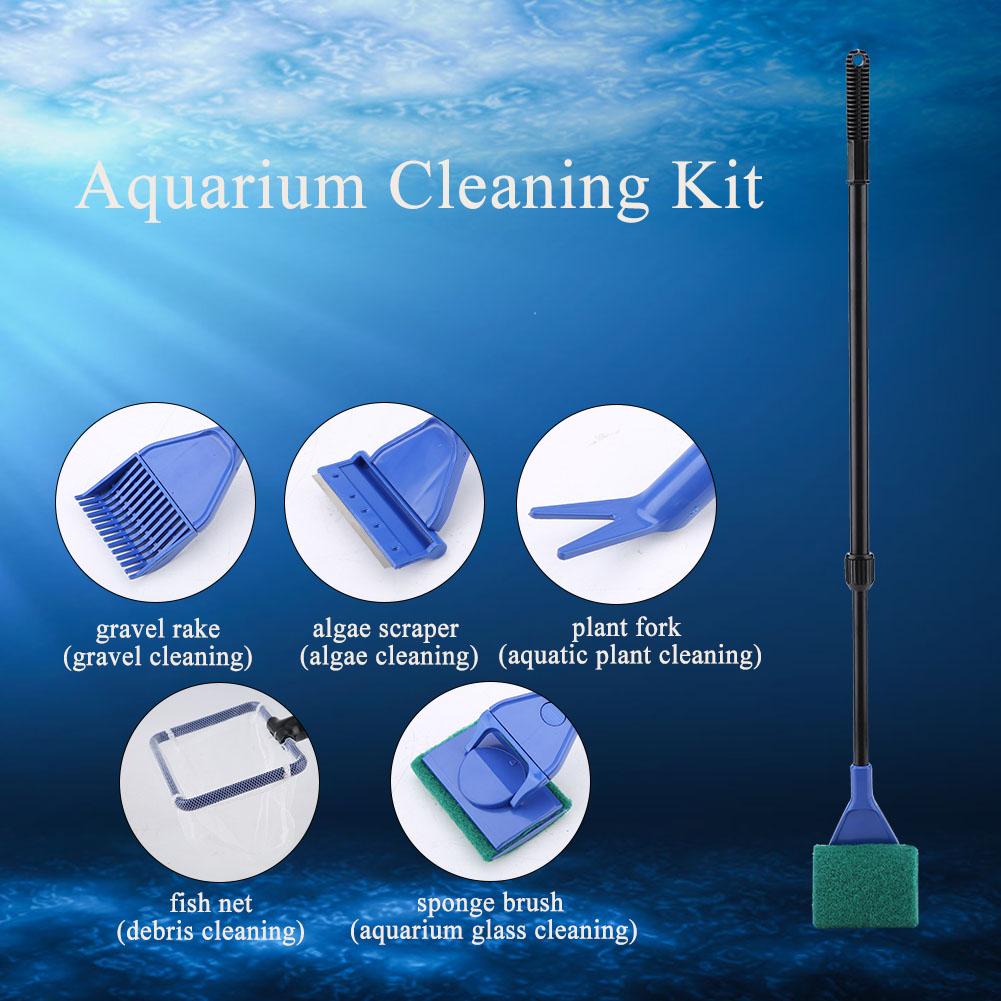 5 In 1 Retractable Aquarium Cleaning Kit Fish Tank Brush Gravel Algae Cleaner Fish Tool
