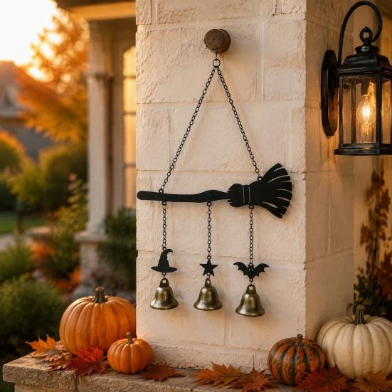Garden Decor Wind Chime Halloween Witch Broom Chime, Holiday Party Decorative Hanging Bell Metal for Indoor Outdoor Patio Porch Bells