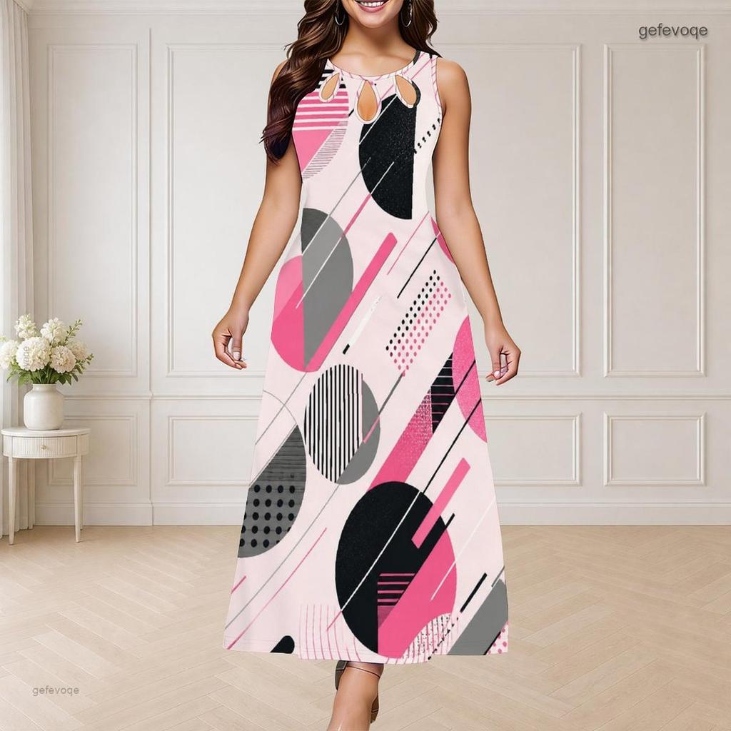 Women Plus Size Round Neck Triple Keyhole Cutout Sleeveless Geometric Printed Maxi Dress