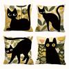 4pcs Vintage Chic Black Cat Polyester Pillow Covers - Whimsical Floral & Leaf Patterns, Machine Washable with Zipper, Perfect, Living Room, Bedroom, O