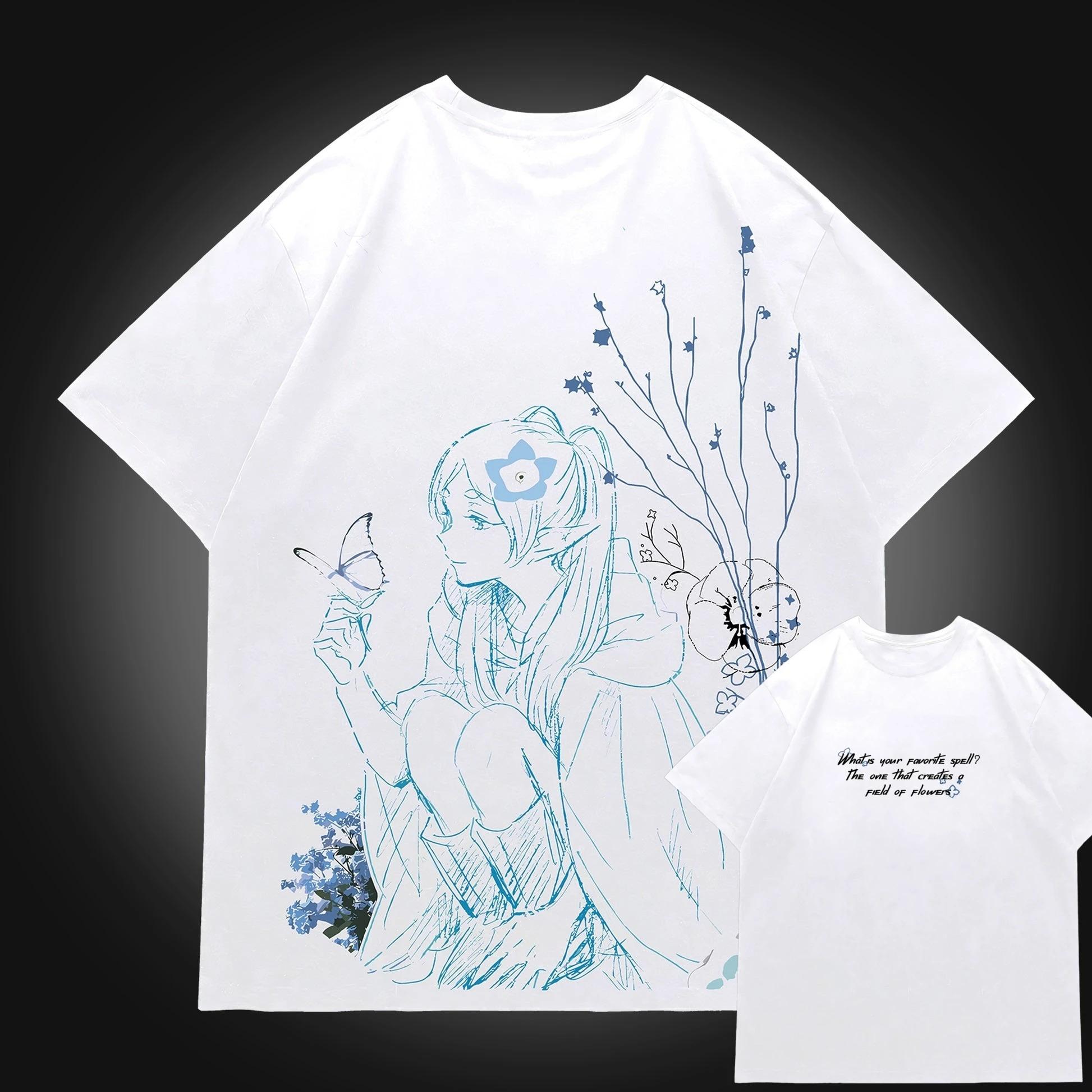 Fantasy Elf Girl & Butterfly  Path of Flowers  Sketch Style White T-Shirt | Anime & Healing Style Fan Unisex Tee 4XL