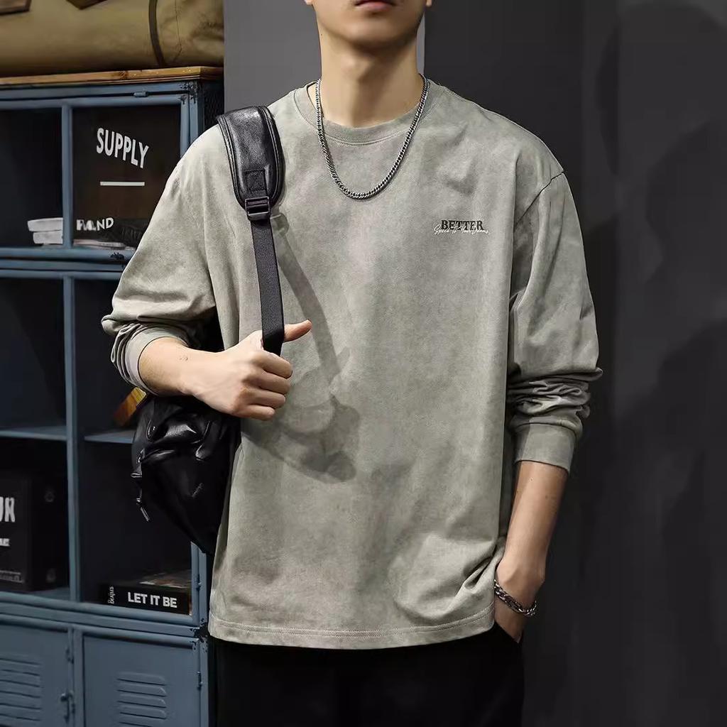 Autumn Letter Print Long-Sleeved T-Shirt Men'S American Retro Washed Sweater Loose Crew Neck Cotton Bottoming Shirt