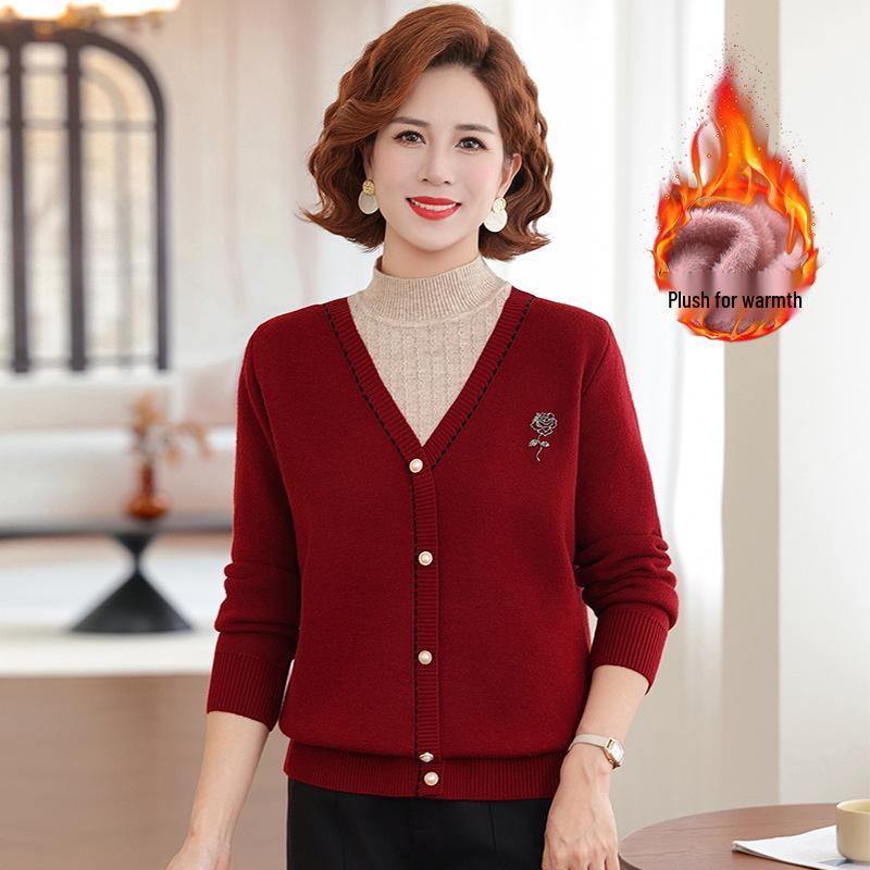 Mom's 2025 Winter Two-Piece Style Plus Velvet Sweater for Middle-Aged & Elderly Women - Thickened Autumn/Winter Velvet Base Layer Shirt