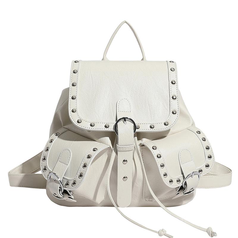 Studded Leather Backpack Women's Fashionable Vintage Style Bag with Adjustable Straps and Multiple Pockets