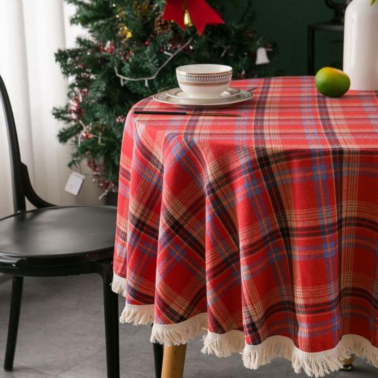 Christmas Round Tablecloth Plaid Tassel Tablecloth Home Party Wedding Thanksgiving Birthday Decoration