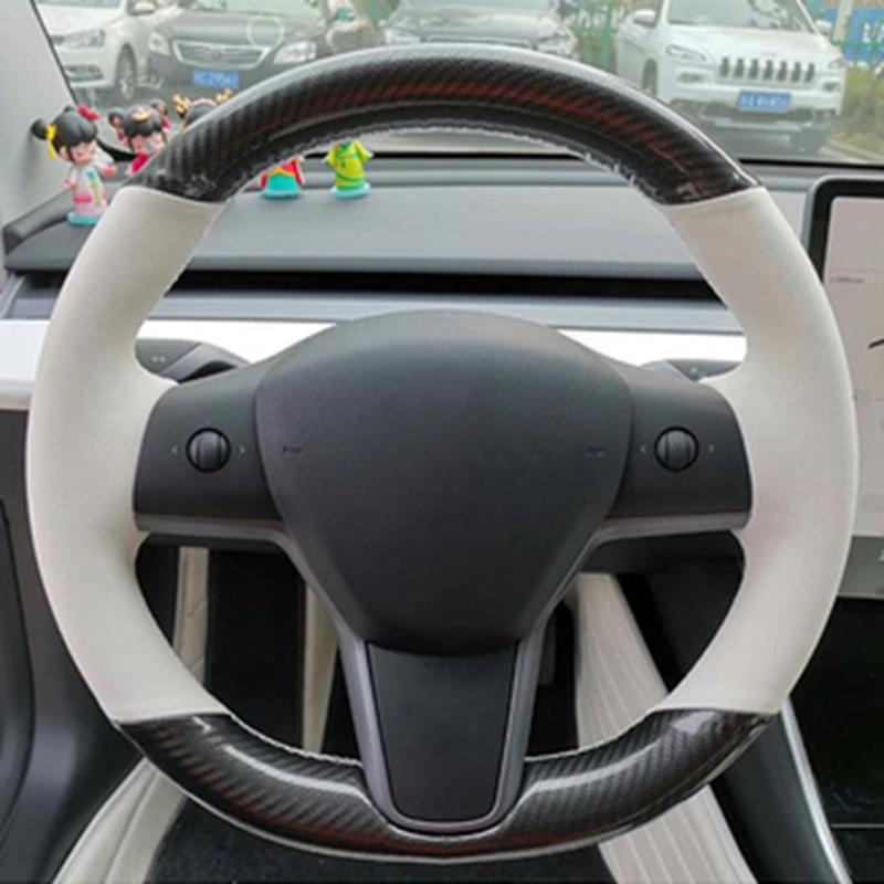 Hand-stitched Anti-Slip Carbon Fiber Suede Braid Car Steering Wheel Cover For Tesla Model S Y Model X Model 3 Car Accessories