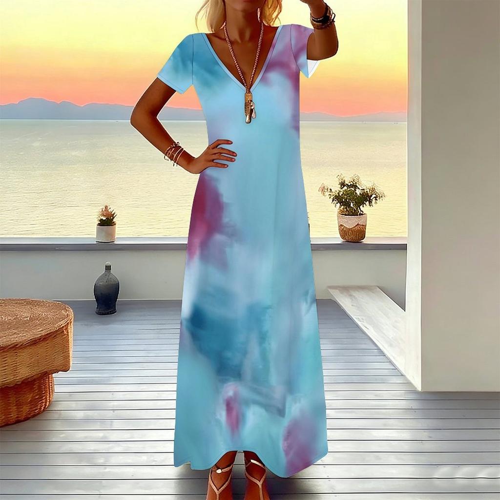 Women Plus Size Short Sleeve V Neck Maxi Dress Marble Swirl Print Loose Casual Summer Beach Long Dress