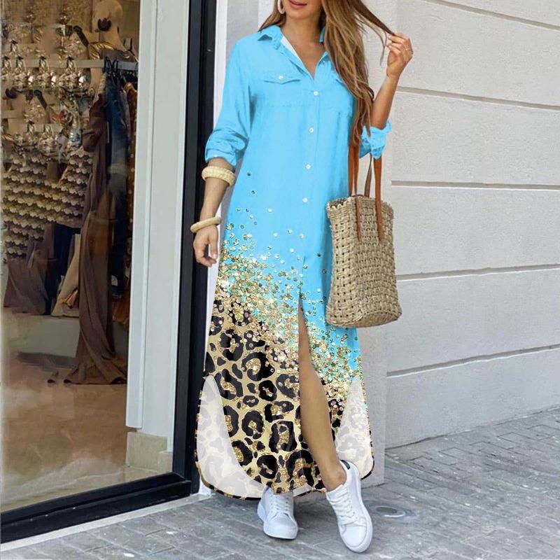 

YYFS Женская мода весна осень леопардовый принт длинный рукав воротник поло свободная талия повседневные платья XXL небесно-голубой