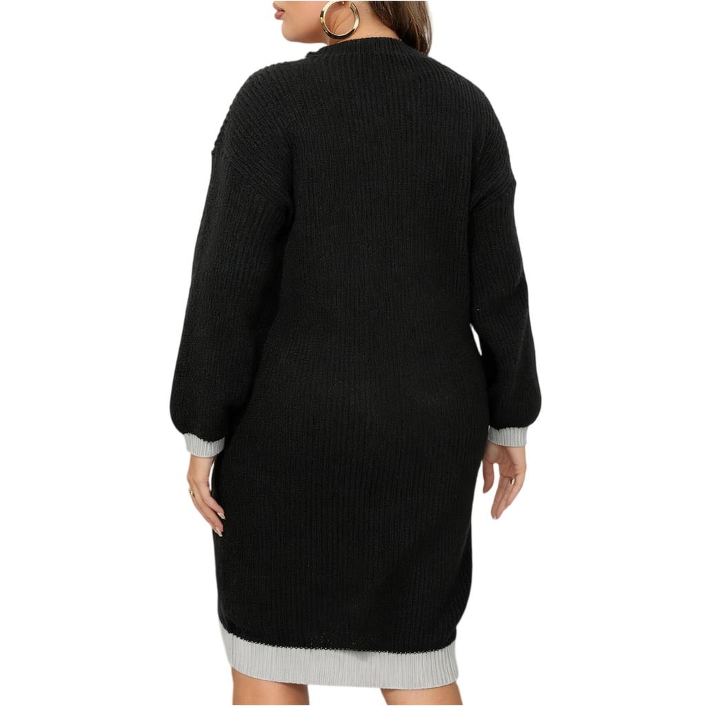 Women's Fashion Plus-Size Sweater V-Neck Color-Blocked Spliced Bodycon Sweater Dress