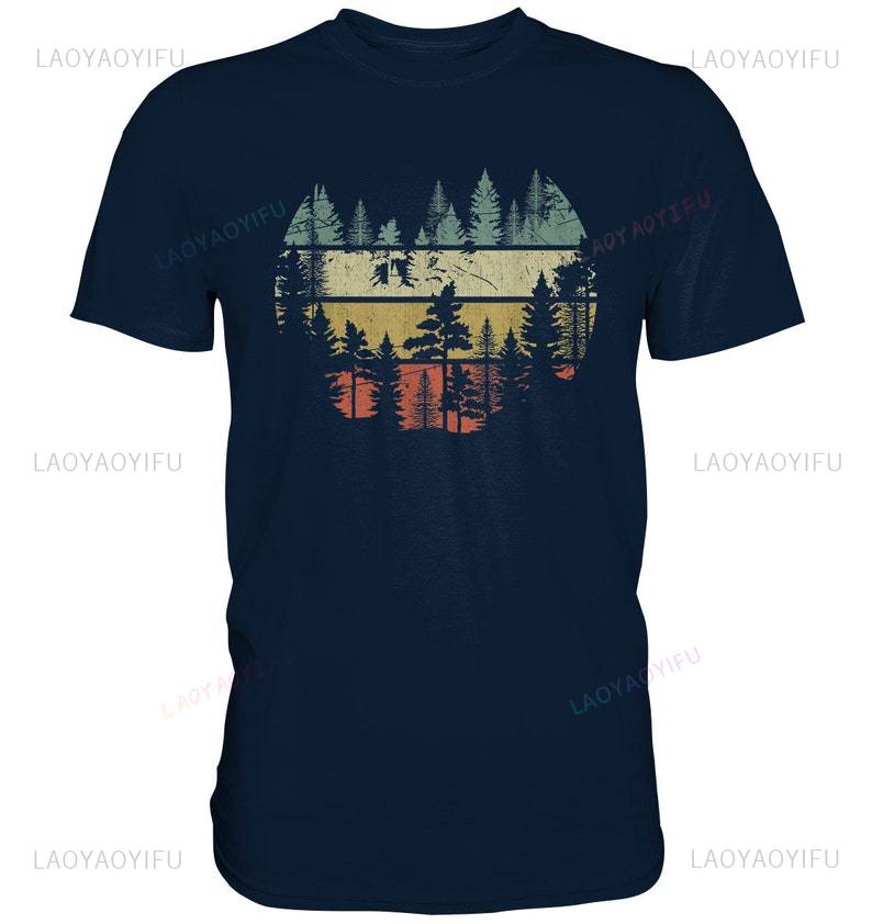 Mountains Vintage Trees Forest Outdoor Hiking Retro Wood Printed TShirt Nature Premium Shirt Summer Men Clothing Shortsleev