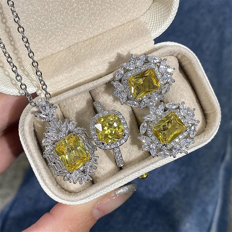 Huitan Complete Yellow CZ Jewelry Suite for Women Earrings Pendant Necklace Ring CZ Bridal Engagement Wedding Gift BoxGood Product