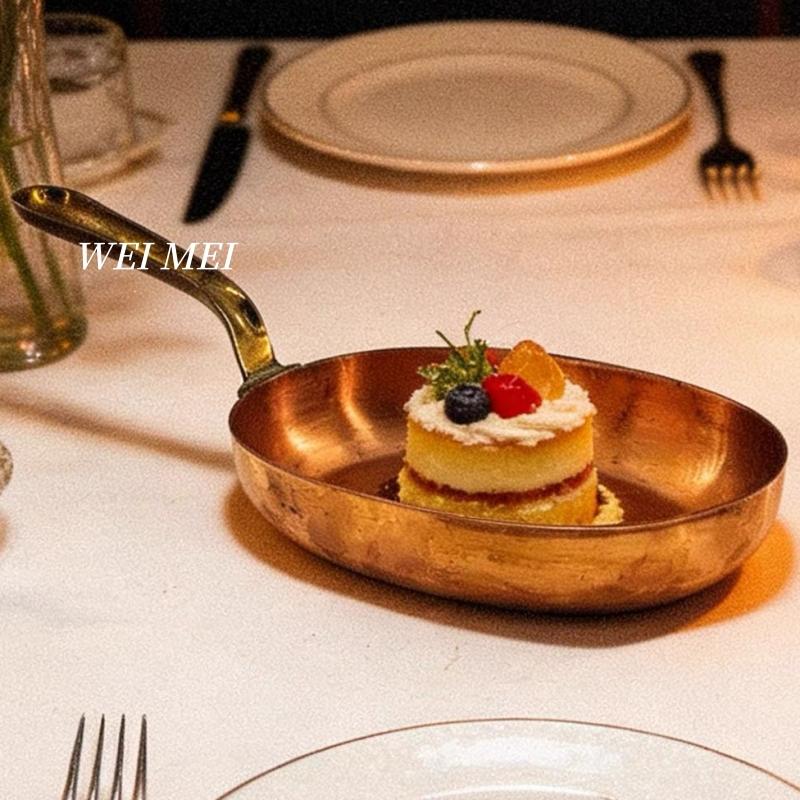 Handgemaakte Vintage Koperen Elliptische Steakplaat Koekenpan Platte Pan, Westerse Diner Schaal Handvat Platte Gebakken Eieren Bodem Pan