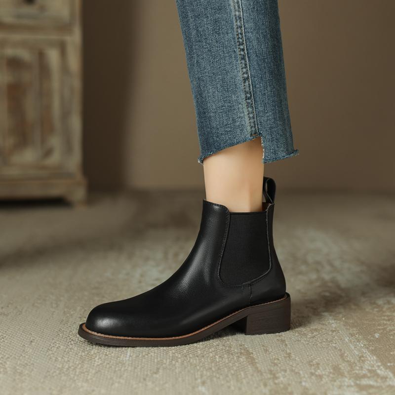 Mode Kaky's Neue Runde Spitze Echtes Leder Rindsleder Mittelhoher Absatz Große Kurze Stiefel Chelsea Mode Stiefel