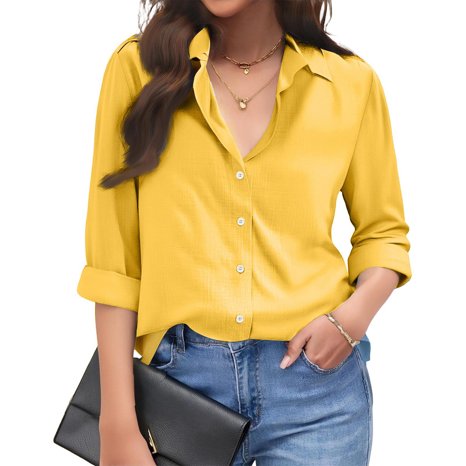 

Women’s Long Sleeve Button Down Shirt Casual Collared Blouse Relaxed Fit Lightweight Top for Office Work Daily Wear XL жовтий