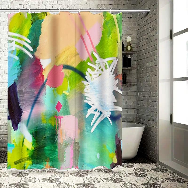 

Colorful Bathroom Shower Curtain Set for Home Decor Pink Green Yellow Blue White Abstract Painting Design Perfect Gift Idea (180 90x180cm
