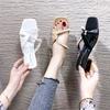 2025 summer new foot set square head high-heeled slippers women's fashion solid color square heel pearl sandals women