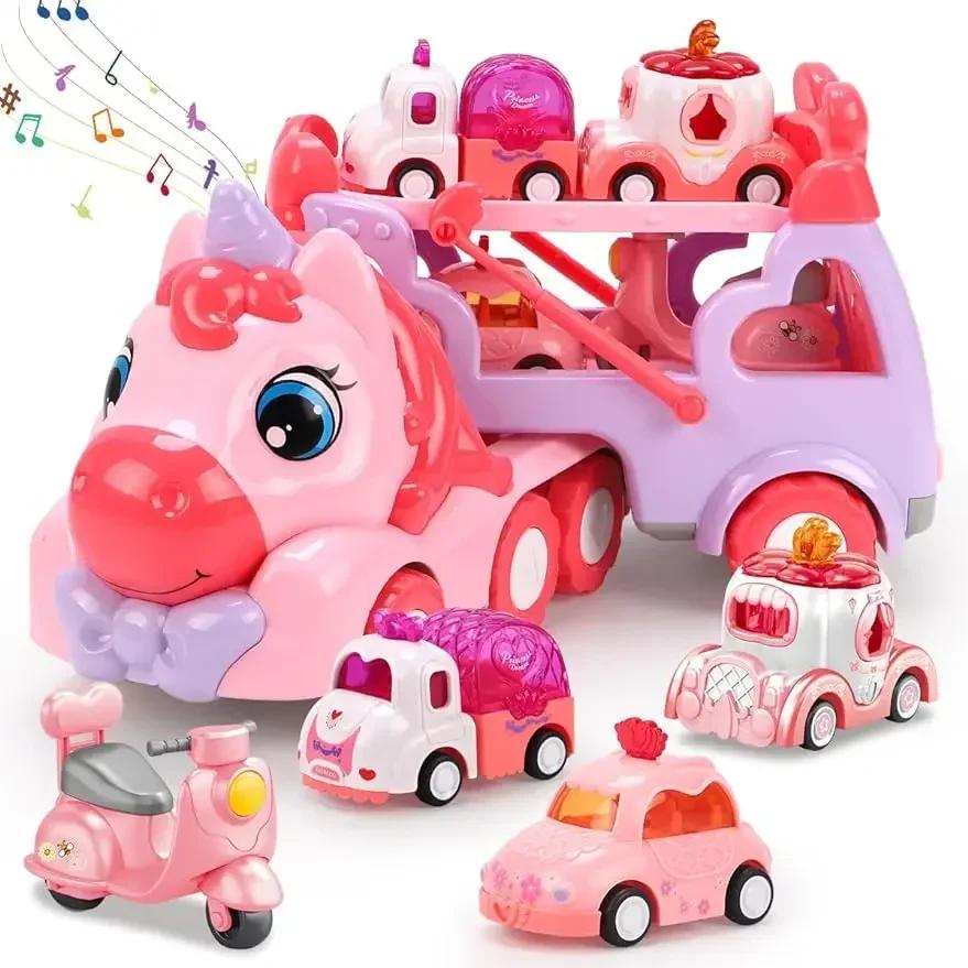 Carrier Car Toy Set with Lights & Sounds Pink Toy for Girl Toddler Kid Friction Powered Double Layer Transport Truck Gift