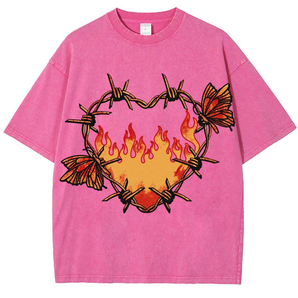 Hearts Wire Around Flame Print Women's T-Shirt Washed Oversized Short Sleeve Romantic Elegant Design Top Everyday Tees