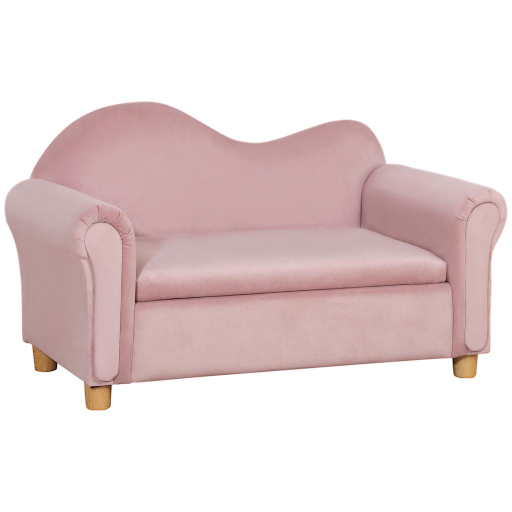 Children's Sofa, Two-Seater for Children 3-5 Years, Storage Space, Natural Wood Frame, 84 x 41.5 x 48.5cm, Pink