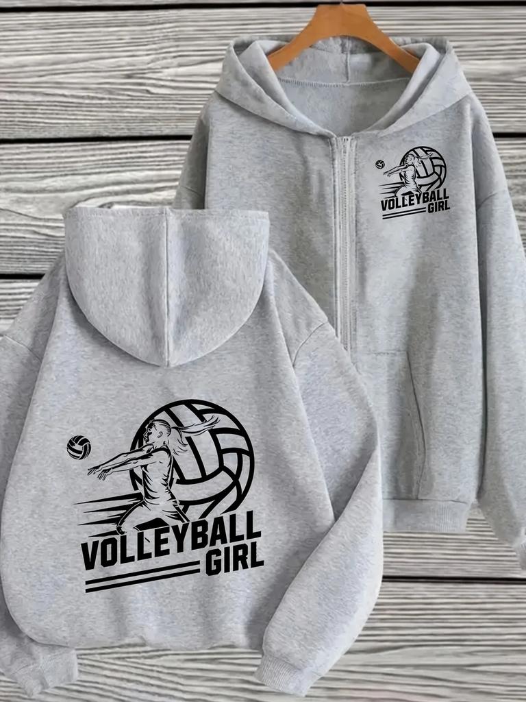 Girls Zip Up Hooded Jacket Volleyball Girl Player Graphic Long Sleeve Casual Sports Hoodie For Teen Girls Training Daily Outfit