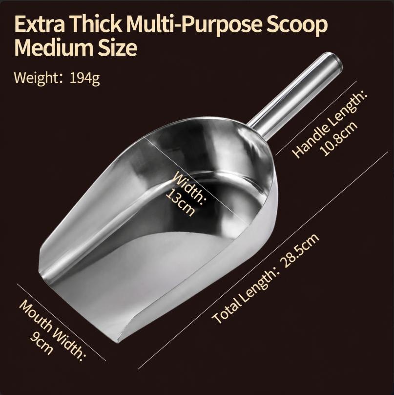 Multi-Purpose Ice Scoop Stainless Steel Food Flour Grain Shovel with Ergonomic Handle Practical for Kitchen Bar Restaurant Use