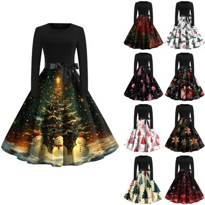 Saia plissada com estampa de natal feminina, gola redonda, bainha grande, vestido de manga comprida