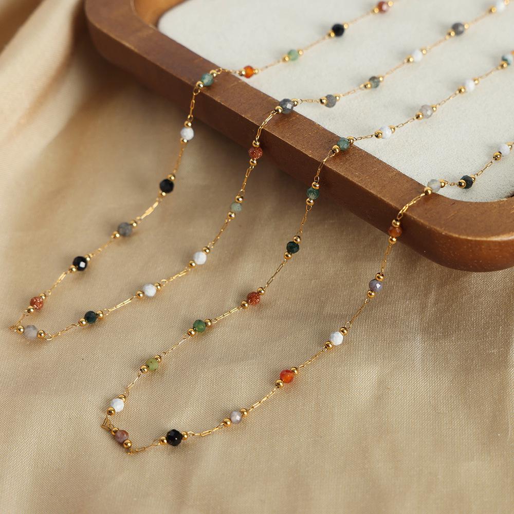 Versatile 18k Gold Titanium Necklace and Bracelet Set with Natural Stone Stitching Design