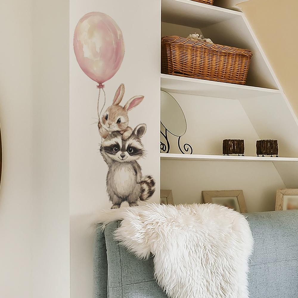 Cartoon Raccoon and Bunny with Balloons Wall Stickers, Playful Friends Wall Art for Kids Room, Bedroom and Living Room Decor