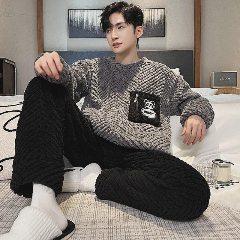 Men's Winter Coral Fleece Pajamas: Outdoor Wearable, Thickened Flannel, One-Piece Home Clothing