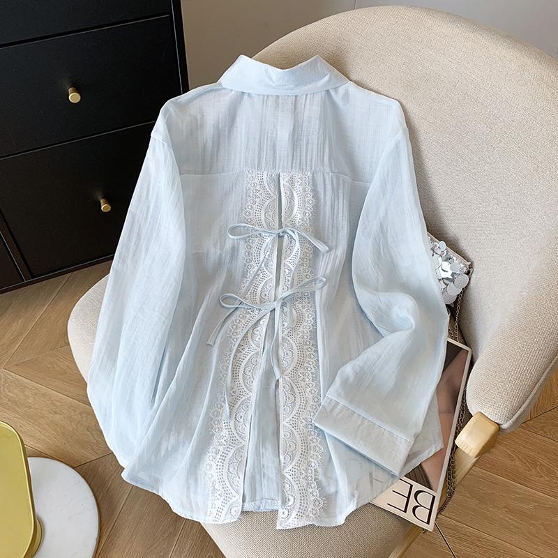 Elegant Back Slit Strap Splicing Lace Sunscreen Shirt Long Sleeved Loose Jacket for Women's Bow Tie Summer Fashion Thin Loose Fit Shirt Sweet Blouse
