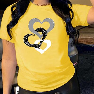 3 Circle Heart Pattern Cotton T-Shirt Short Sleeve Round Neck Women 2d Print Tops