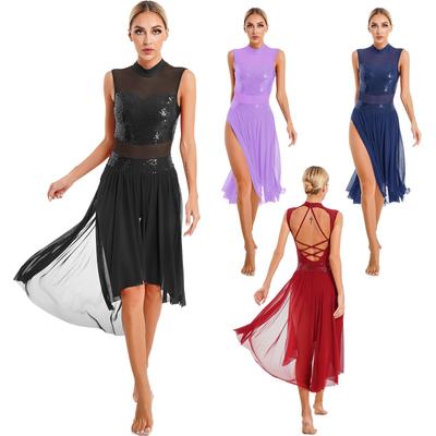Vestido de balé feminino sem mangas lantejoulas recorte collant contemporâneo vestido de dança lírica malha saia dividida roupas de dança de bailarina
