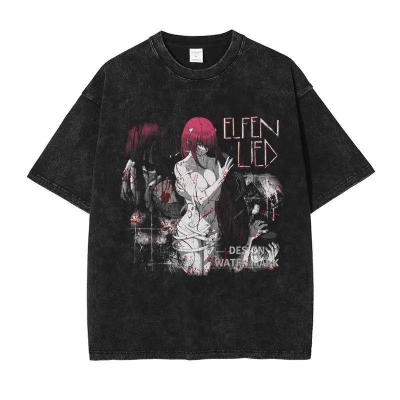 Japanese Hot Anime Elfen Lied T Shirt Vintage Washed YK Manga Oversized Unisex Hot Product Soft High Quality Washed Vintage Tee S