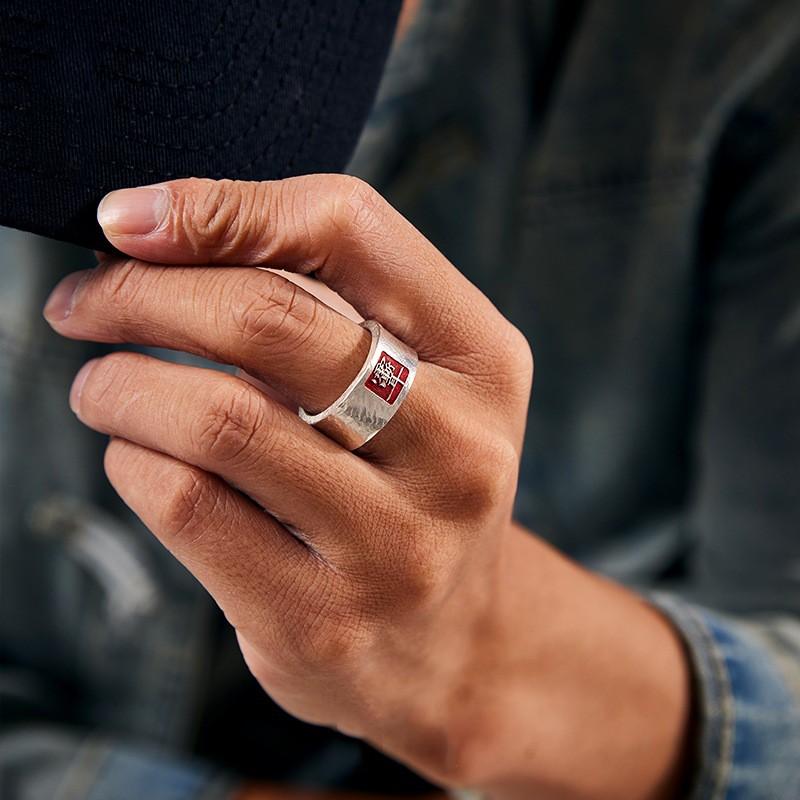 Adjustable Open Ring Men Women Vintage Geometric Plated Wide Band With Chinese Character Design