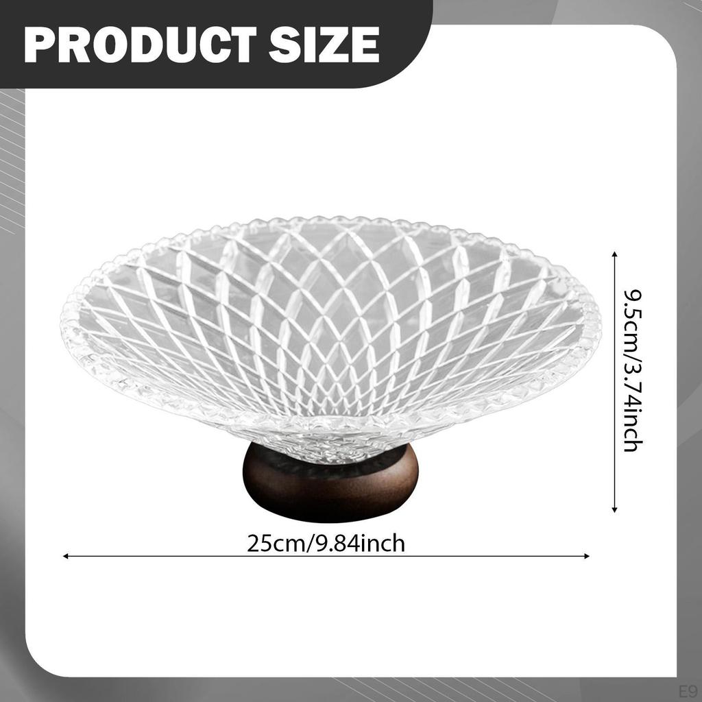 Clear Glass Fruit Bowl Decorative Pedestal Tray Nuts Cake Vegetable Holder with Wooden Stand for