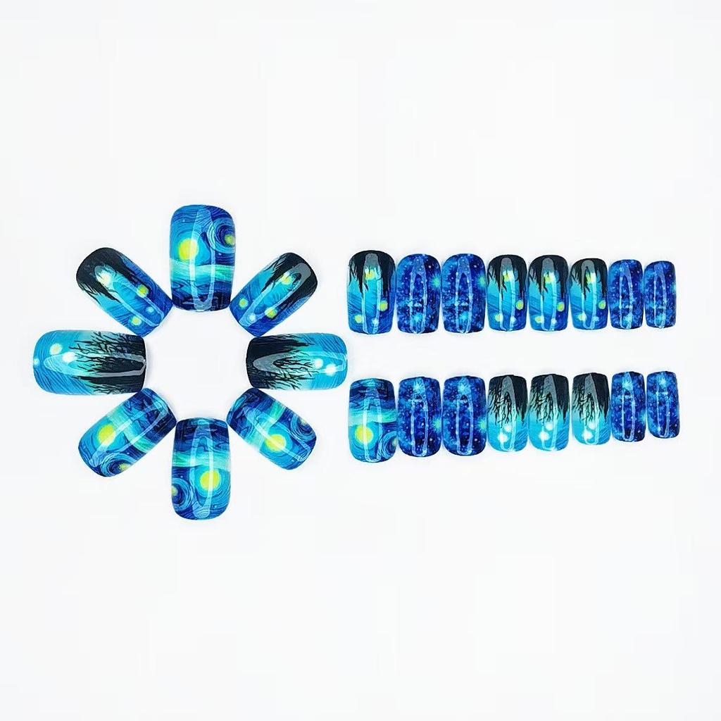 Van Gogh Series: Medium-Length Blue Night Sky False Nails (24 Pieces)