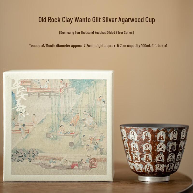 Jun Seventeen DH Retro Old Rock Clay Tea Cup Ten Thousand Buddhas Poem Gilt Silver Agarwood Cup