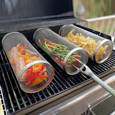 Round BBQ Basket Stainless Steel Rolling Grilling Basket Wire Mesh Cylinder Grill Basket Portable Outdoor Camping Barbecue Racks