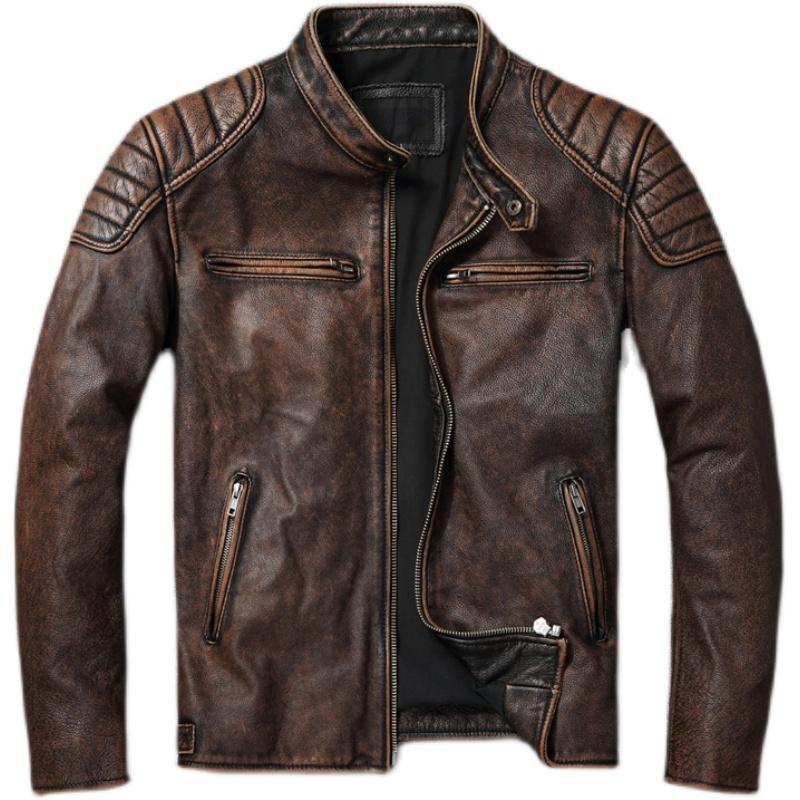 Chinese Size Vintage Yellow Brown Real Cowhide Genuine Leather Jacket Men Motorcycle Coat Mens Biker Clothes Spring Autumn Asian Size 6XL