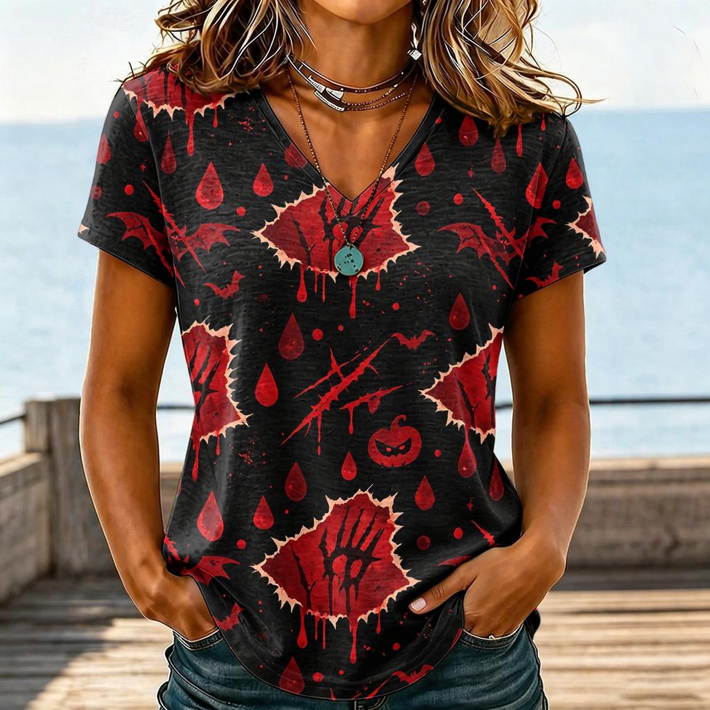 Damen Casual V-Ausschnitt Halloween Aufdruck T-Shirt für Party Kostüm