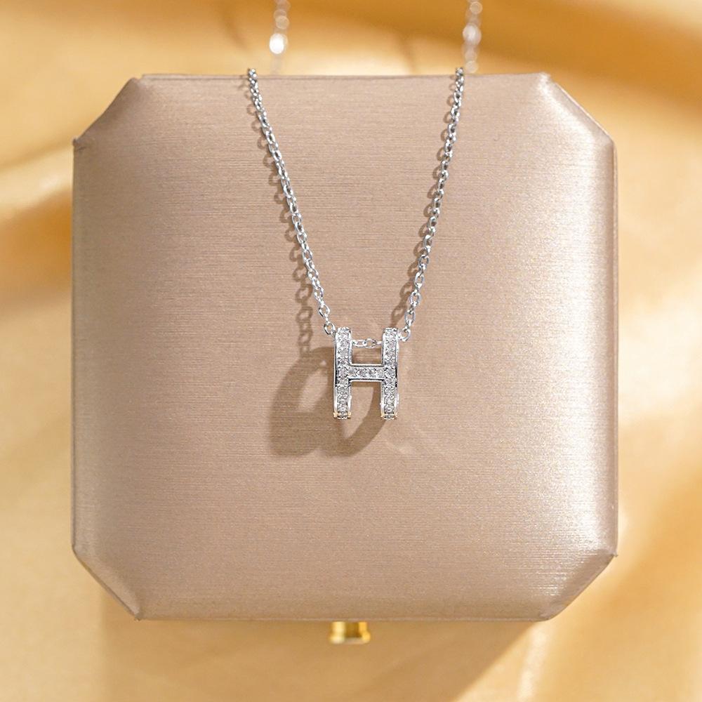 Women Silver Full Diamond H Pendant Titanium Steel Necklace Ins Style Clavicle Chain
